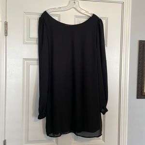 Black, boatneck, mini Lulus dress.